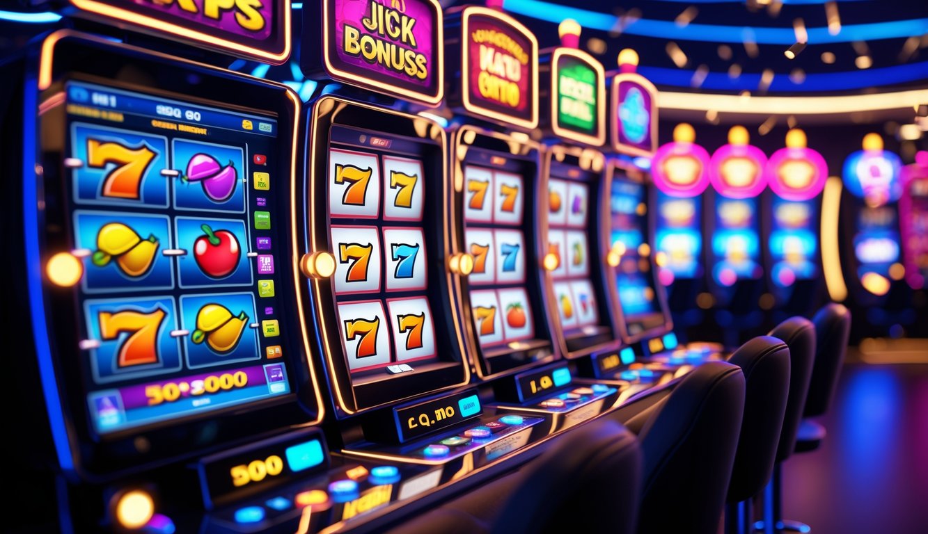 Suasana kasino online dengan mesin slot bergaya Vegas yang berwarna-warni dan antarmuka digital yang modern, menampilkan simbol klasik dan elemen yang menunjukkan keamanan dan hadiah besar.