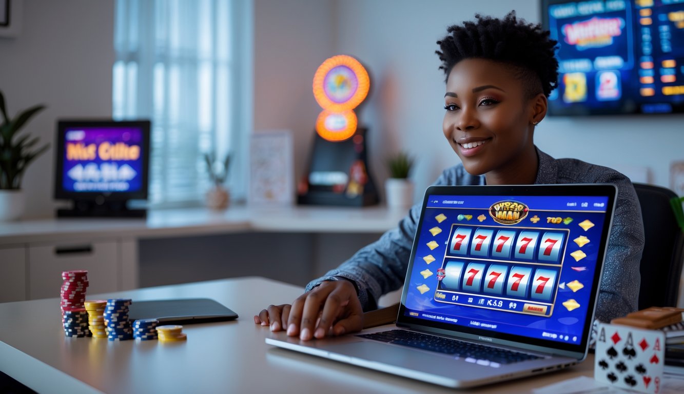 Seorang dewasa muda duduk di meja modern sambil bermain permainan slot Vegas online di laptop di ruang kerja rumah yang terang dan rapi.