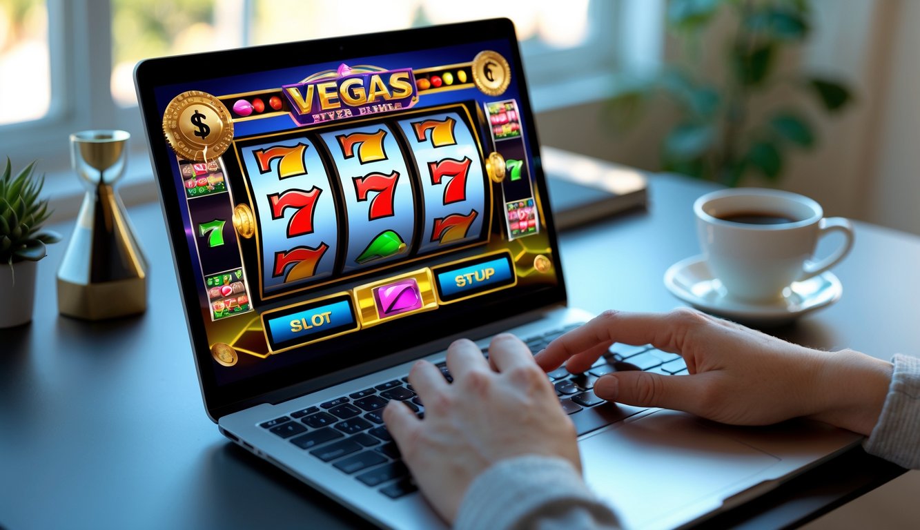 Seseorang menggunakan komputer dengan tampilan mesin slot Vegas yang berwarna-warni di layar dalam suasana ruangan yang nyaman.