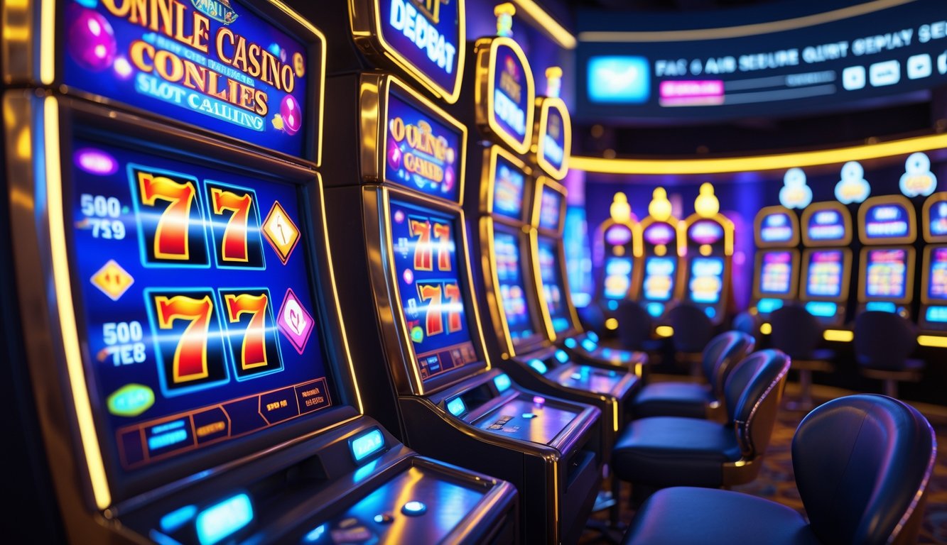 Beberapa mesin slot digital berwarna-warni dengan latar belakang antarmuka deposit cepat dan aman.