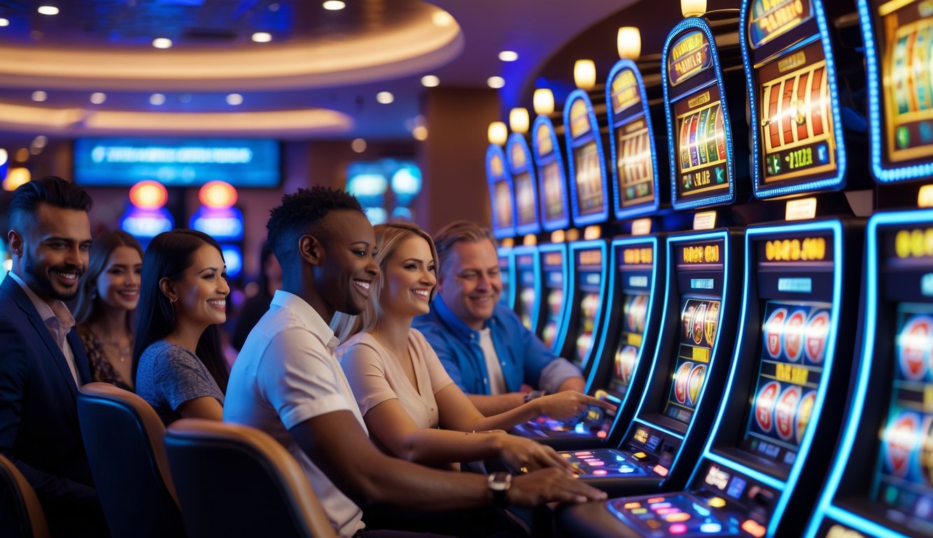 Sejumlah orang sedang bermain mesin slot di sebuah kasino modern dengan lampu berwarna-warni dan suasana yang ramai.