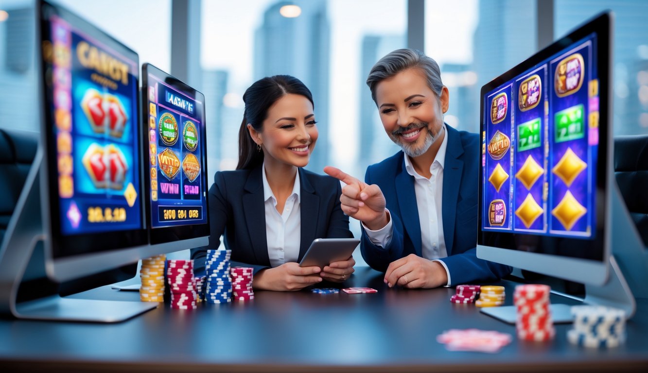 Seorang pria dan wanita duduk di meja dengan beberapa layar komputer yang menampilkan permainan slot online bergaya Las Vegas, pria menunjuk ke layar sementara wanita mencatat, suasana profesional di ruang kantor dengan pemandangan kota di latar belakang.