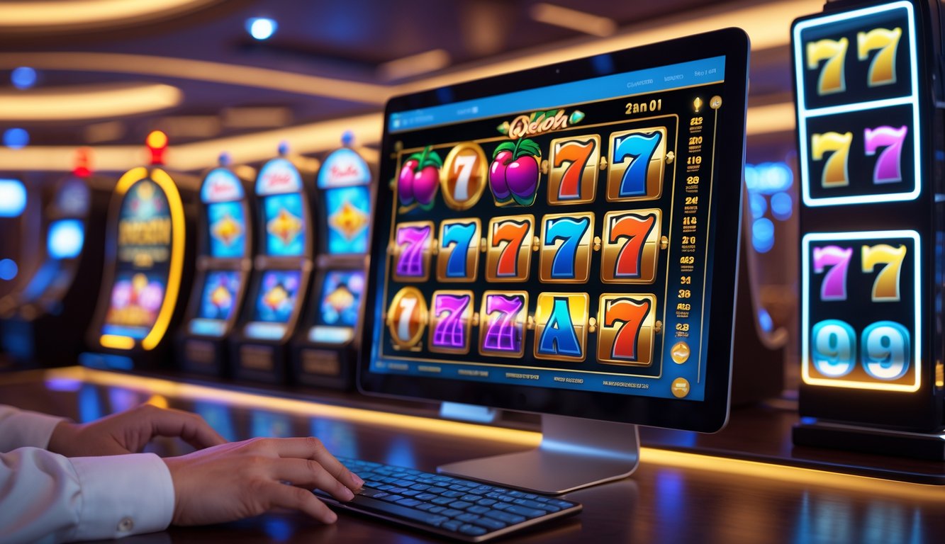 Layar komputer dan ponsel menampilkan mesin slot bergaya Vegas dengan latar belakang suasana kasino yang mewah.