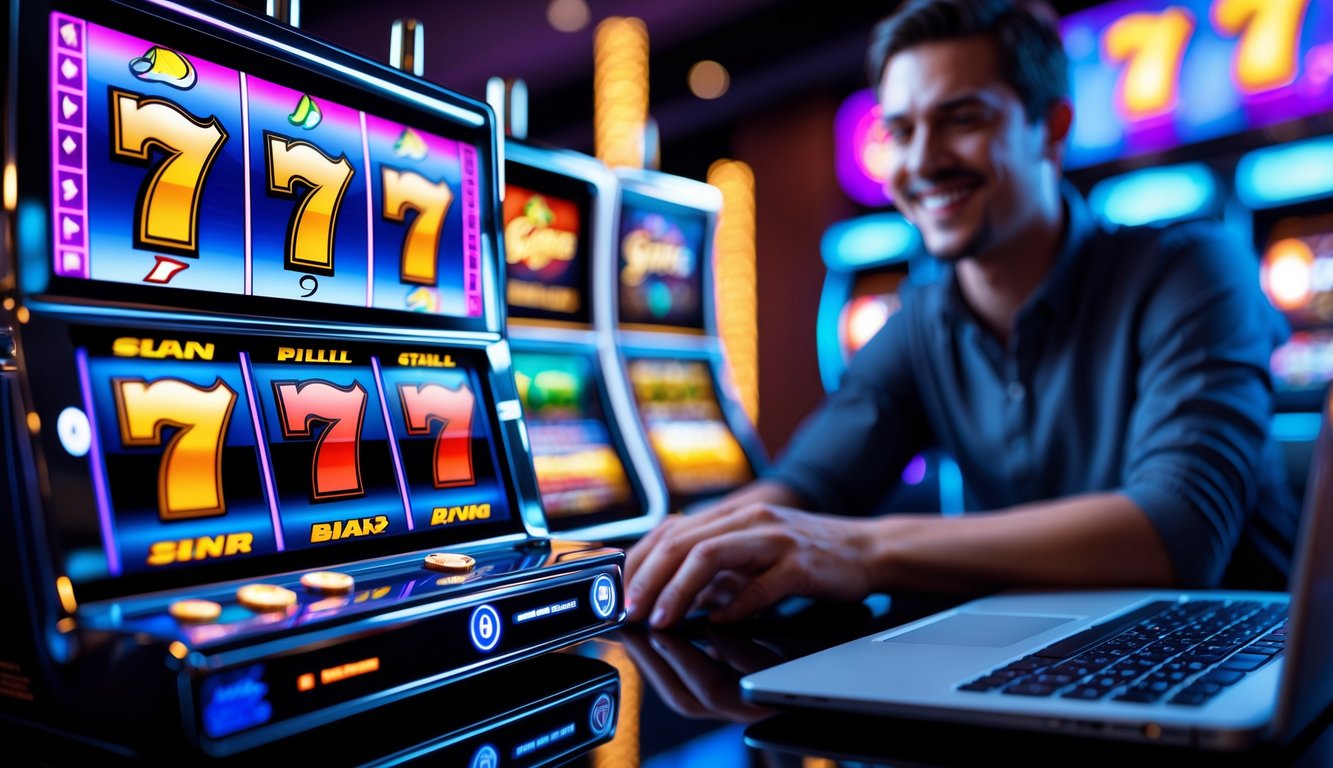 Seseorang menggunakan laptop dengan layar menampilkan mesin slot digital berwarna-warni di latar belakang.