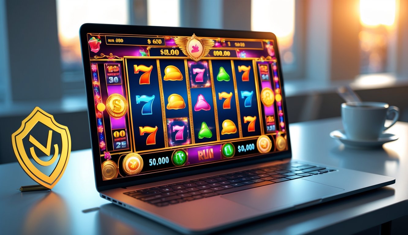 Seorang pengguna duduk di depan komputer dengan layar menampilkan permainan mesin slot bergaya Vegas yang berwarna-warni di ruang kerja yang rapi dan nyaman.