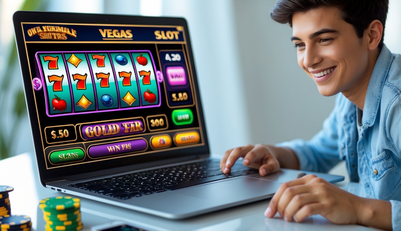 Seseorang sedang bermain mesin slot online di laptop dengan chip poker di meja, terlihat fokus dan senang.