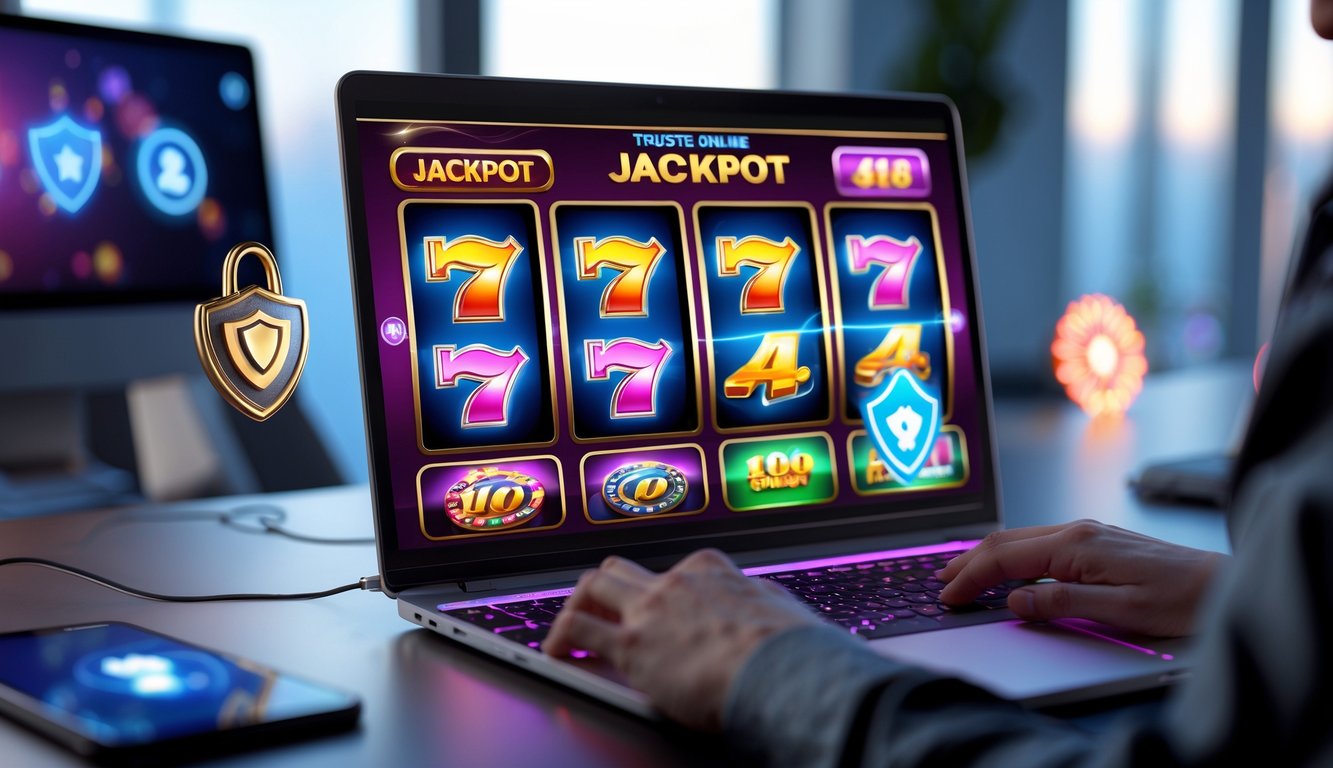 Seorang pengguna sedang bermain mesin slot online dengan tampilan jackpot hidup di layar komputer di ruang kerja yang rapi dan terang.