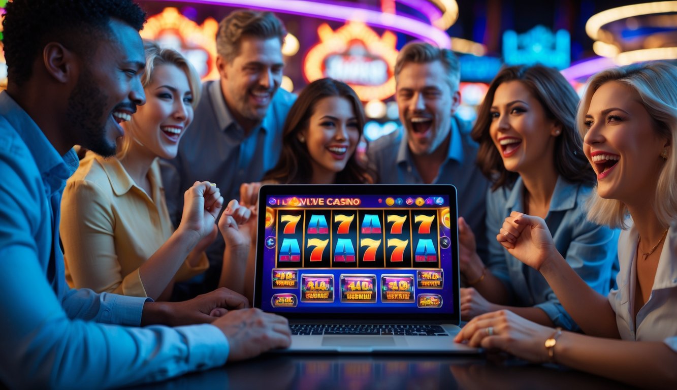 Sekelompok orang dewasa yang antusias bermain mesin slot online di depan laptop dengan latar belakang lampu neon dan dekorasi kasino.