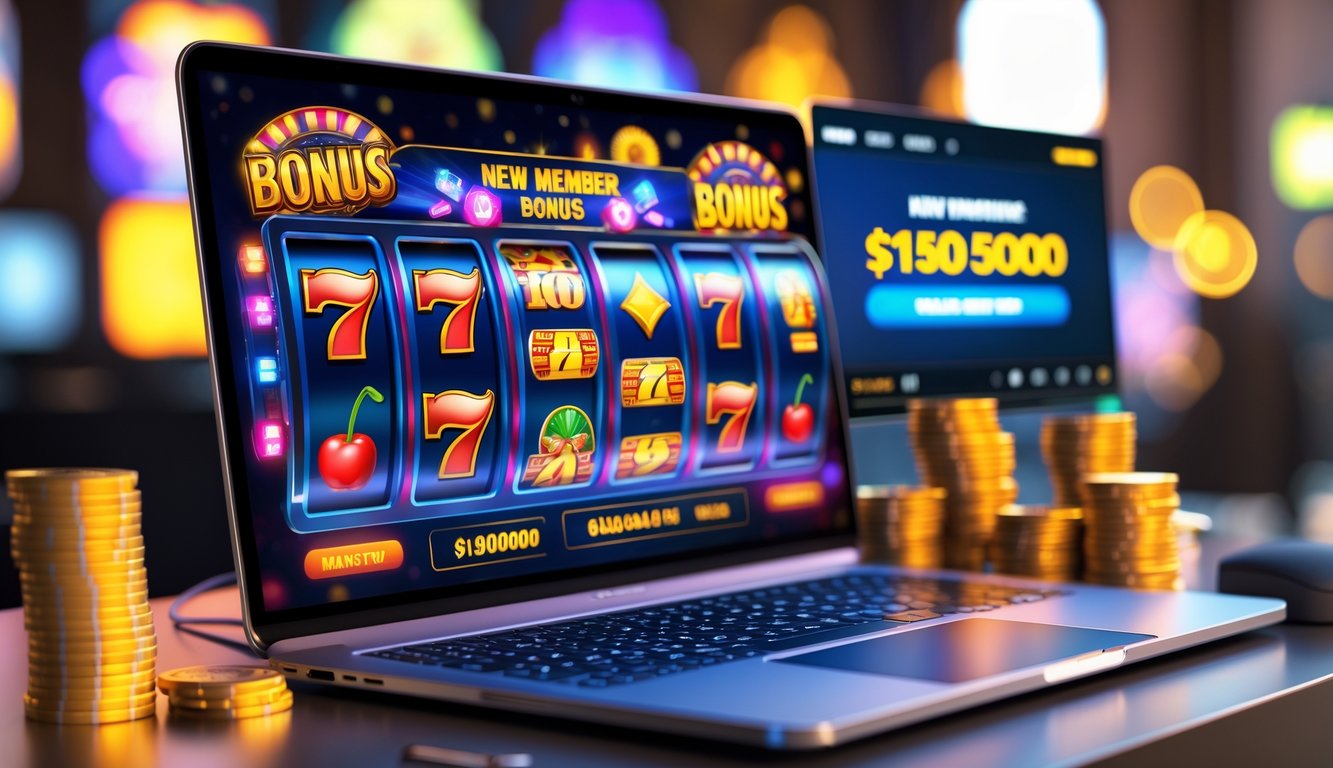 Seorang pengguna sedang bermain slot online di komputer dengan tampilan mesin slot bergaya Vegas yang berwarna-warni dan suasana kemenangan yang hangat.