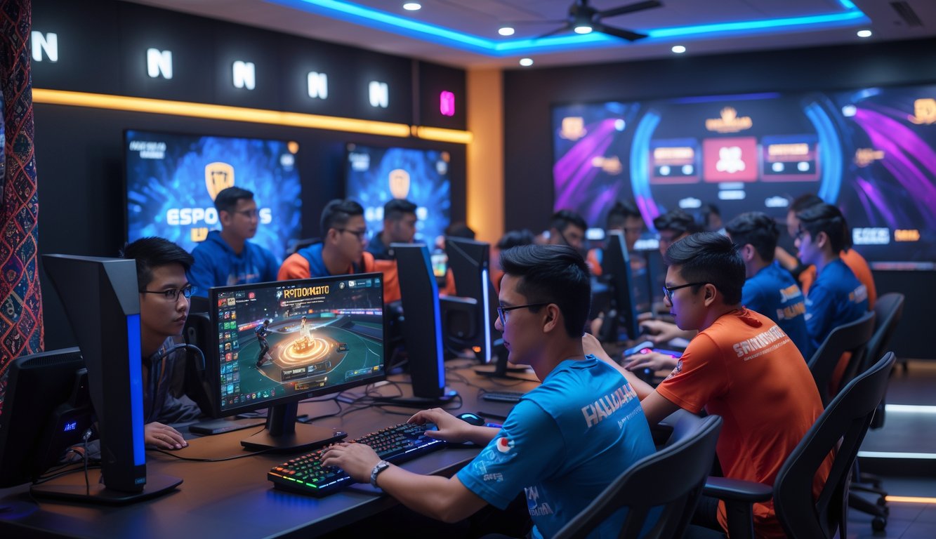 Sekelompok orang muda sedang bermain game esports bersama di ruangan dengan komputer gaming dan monitor besar.