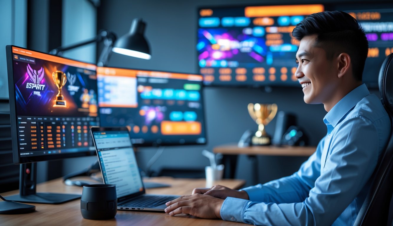 Seorang agen esports profesional sedang berbicara dengan klien di kantor modern dengan layar komputer menampilkan permainan esports.