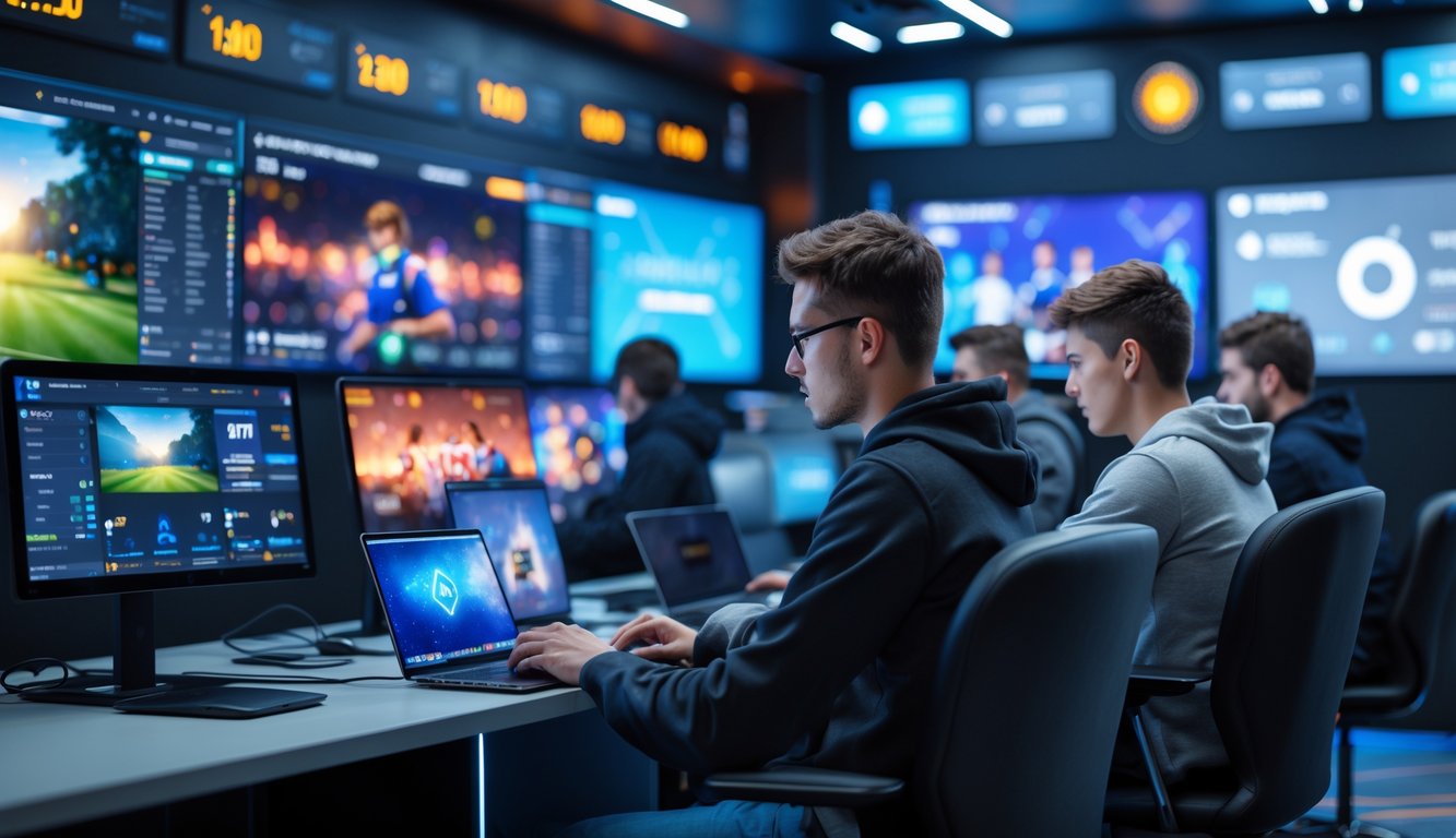 Suasana ruang esports modern dengan beberapa orang muda yang menggunakan perangkat digital untuk taruhan online, menunjukkan proses cepat dan layanan 24 jam.