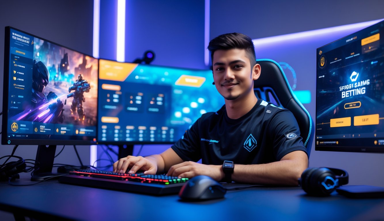 Seorang pria muda duduk di depan komputer dengan beberapa layar menampilkan permainan esports dan antarmuka taruhan, di ruangan dengan pencahayaan biru dan ungu.