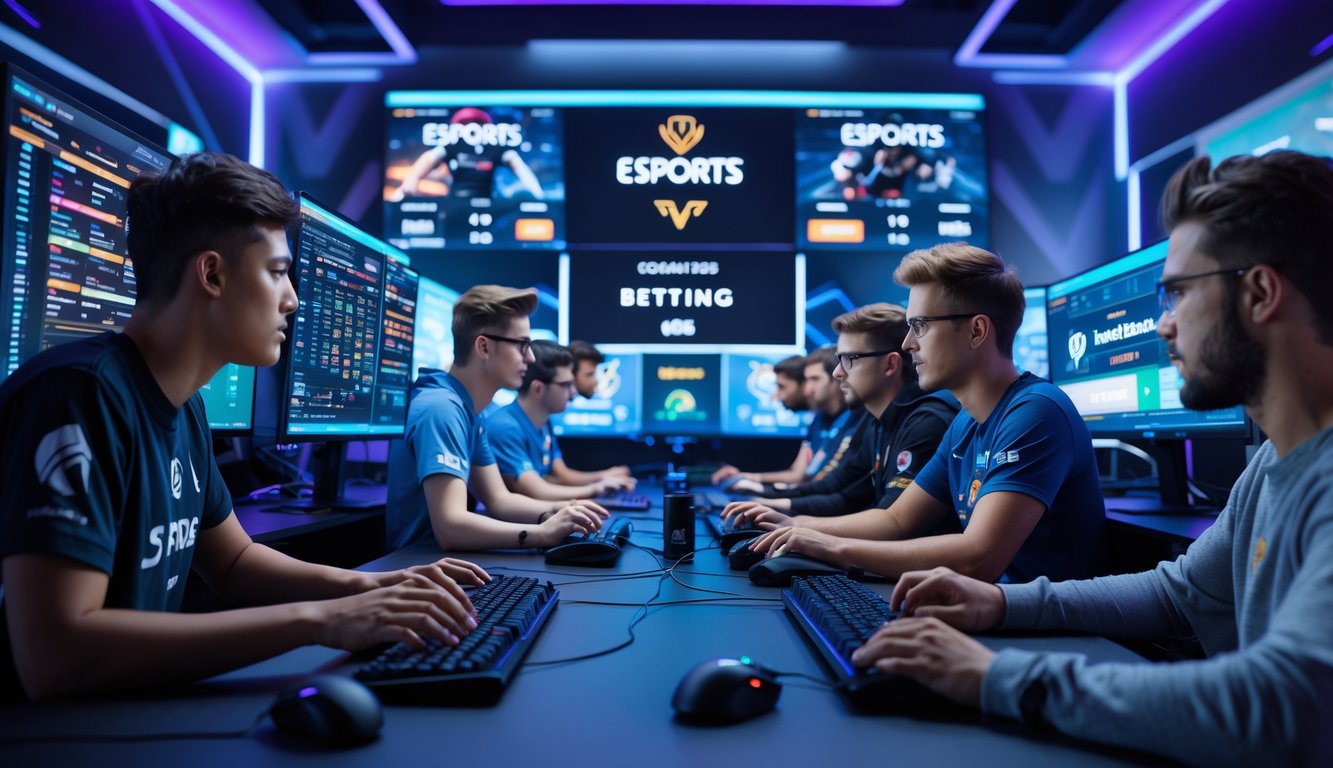 Sekelompok orang muda sedang menggunakan komputer dengan layar menampilkan permainan esports dan taruhan dalam suasana modern dan berteknologi tinggi.