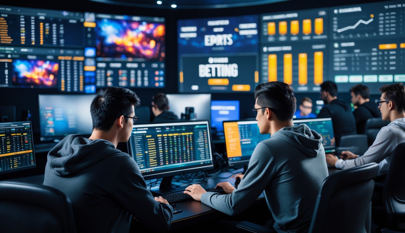 Beberapa orang muda sedang menggunakan perangkat digital di ruangan dengan monitor besar yang menampilkan pertandingan esports dan grafik taruhan.