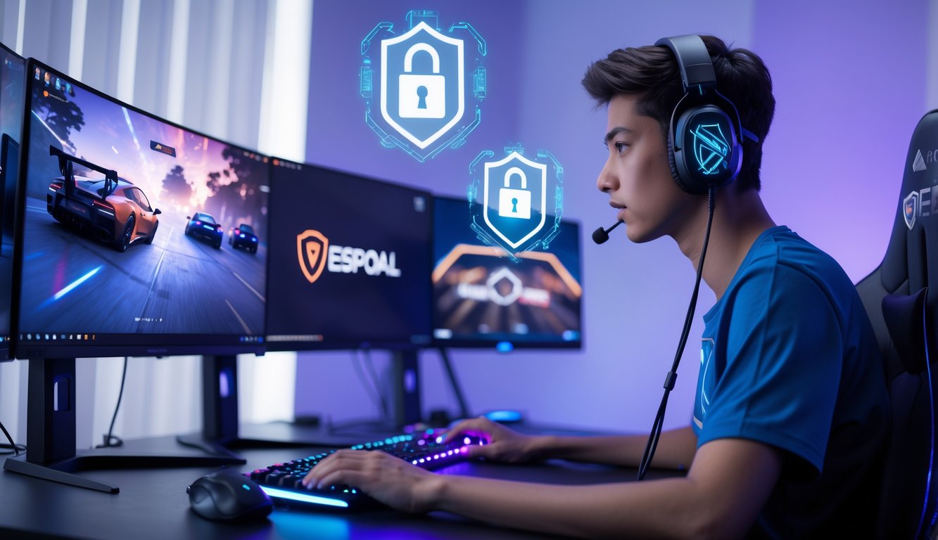 Seorang gamer muda serius bermain esports di depan beberapa monitor dengan pencahayaan biru dan ungu, di latar belakang terdapat simbol keamanan digital.