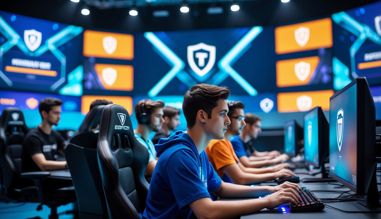 Sekelompok orang muda sedang bermain esports dengan komputer canggih di ruangan modern yang terang dan futuristik.