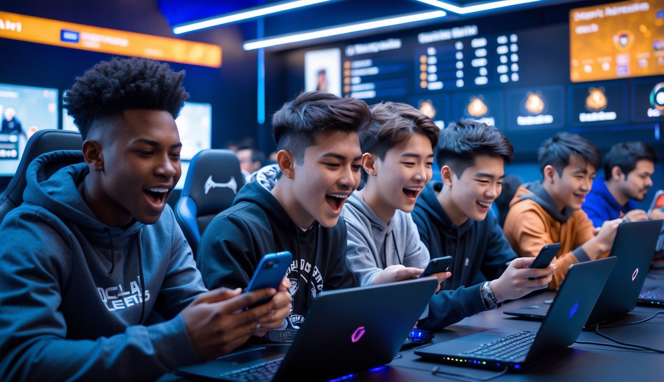 Sekelompok orang muda sedang menggunakan smartphone dan laptop dalam ruang bermain esports yang modern dengan lampu LED dan layar digital menampilkan statistik permainan.