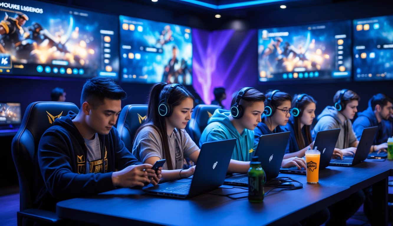Sekelompok orang muda menggunakan ponsel dan laptop di ruang permainan modern dengan layar besar menampilkan permainan Mobile Legends dan Dota 2.