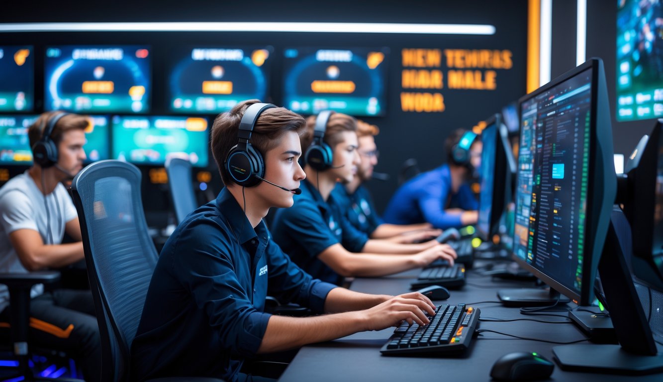 Tim layanan pelanggan esports sedang bekerja dengan headset di kantor modern dengan komputer dan layar yang menampilkan permainan esports.