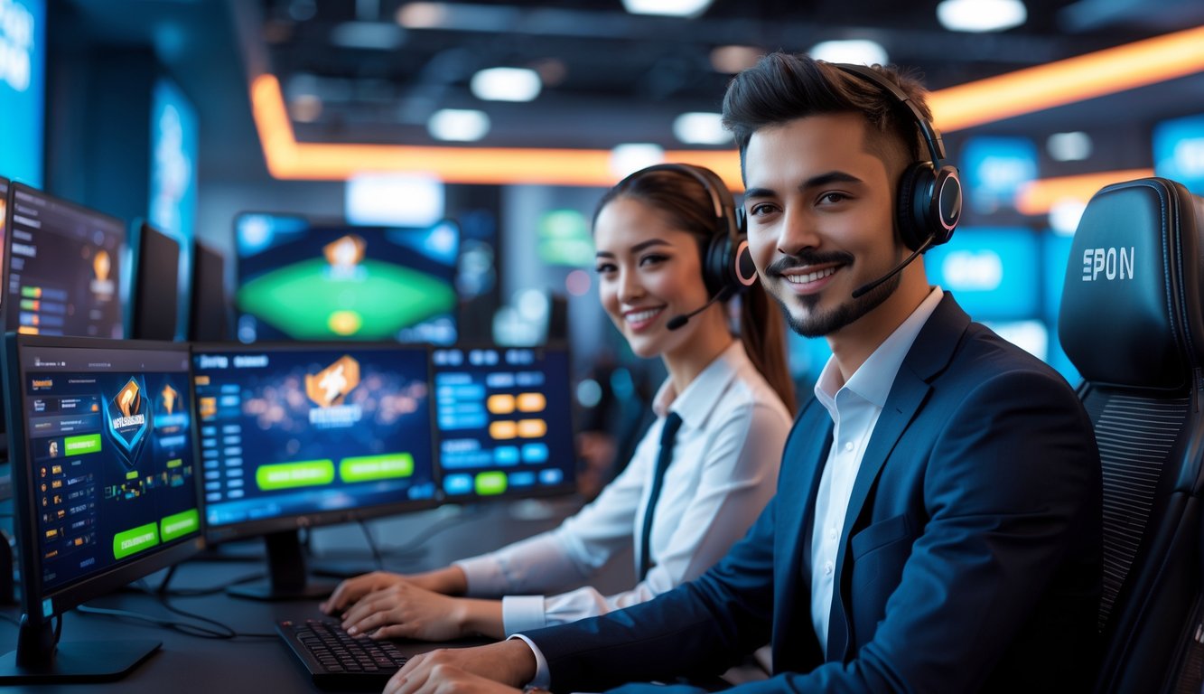 Dua staf layanan pelanggan duduk di meja dengan komputer, siap membantu dalam lingkungan kantor esports modern.