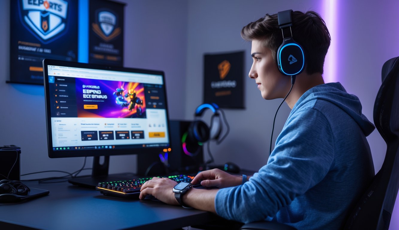 Seorang dewasa muda duduk di meja modern sambil menggunakan laptop dengan aksesori gaming di sekitarnya, terlihat fokus pada aktivitas terkait judi esports.