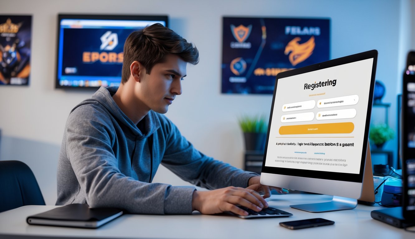 Seorang pria muda duduk di meja dengan laptop, sedang mendaftar di situs judi esports resmi di ruang kerja yang terang dan rapi.