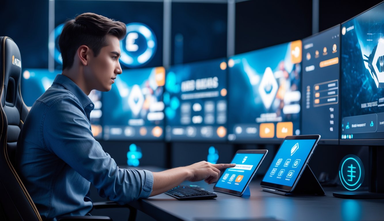 Seorang dewasa muda menggunakan tablet di depan setup gaming dengan beberapa monitor yang menampilkan permainan esports, menggambarkan transaksi bank dan e-wallet yang aman.