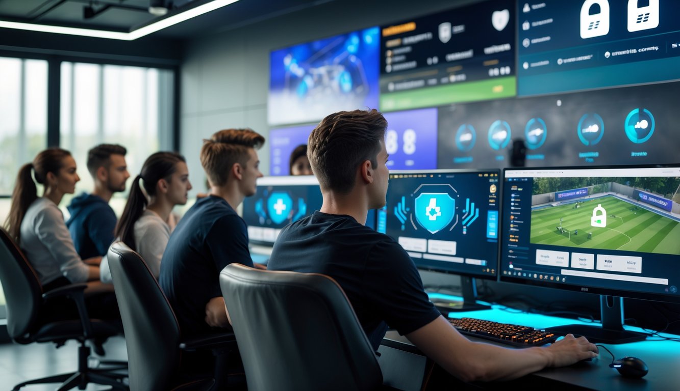 Sekelompok orang muda berkumpul di ruang gaming modern dengan beberapa monitor menampilkan permainan esports dan ikon transaksi bank serta dompet elektronik.