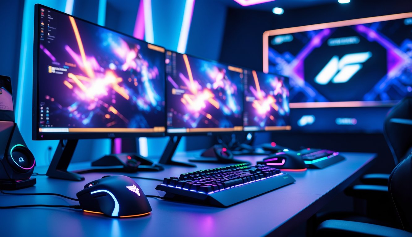 Sebuah ruang gaming esports dengan monitor, keyboard, dan mouse yang rapi serta pencahayaan warna-warni yang menarik.