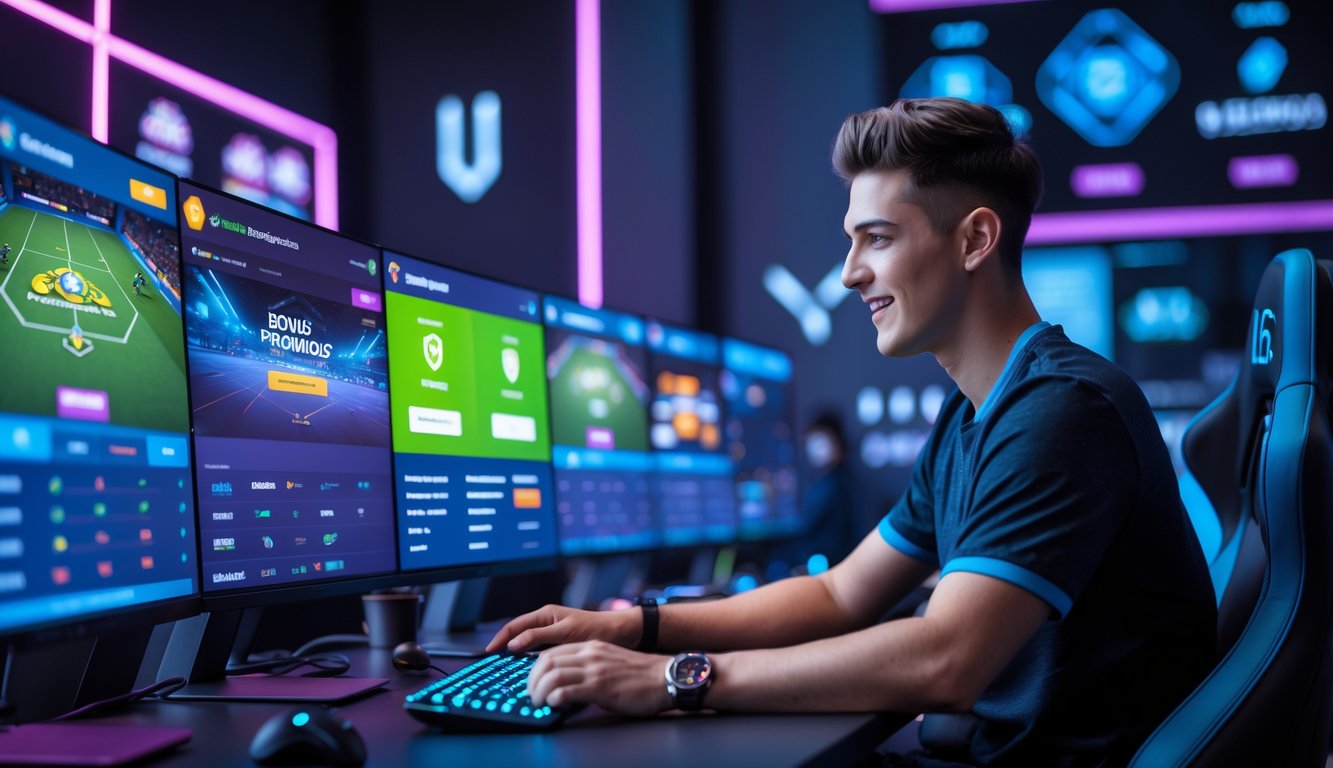 Seorang dewasa muda sedang menggunakan komputer dengan beberapa layar yang menampilkan permainan esports dan informasi promosi bonus di lingkungan permainan modern.