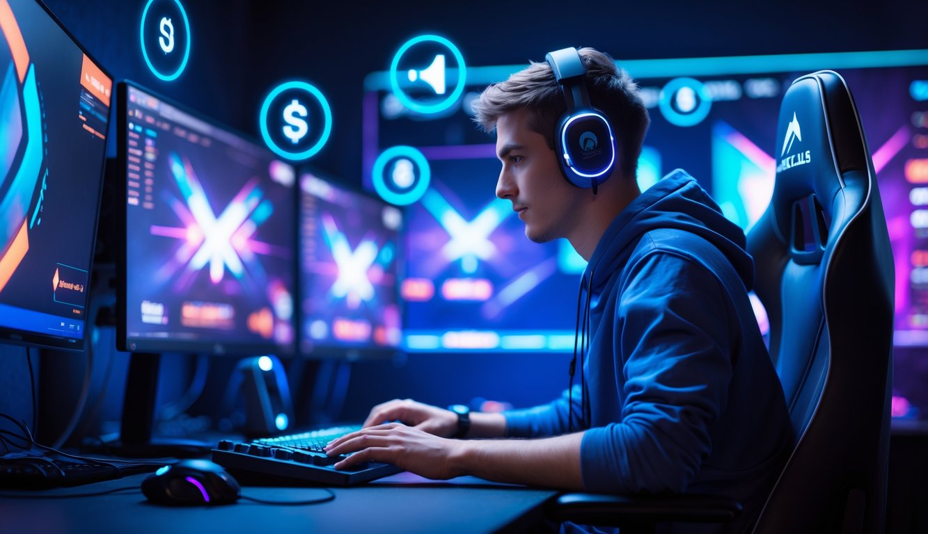 Seorang gamer muda sedang bermain esports di depan beberapa monitor dengan lingkungan gaming modern dan peralatan lengkap.