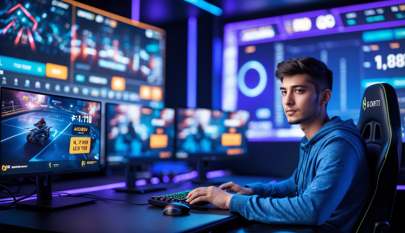 Seorang pria muda duduk di depan meja gaming dengan beberapa monitor menampilkan permainan esports dan grafik transaksi cepat.