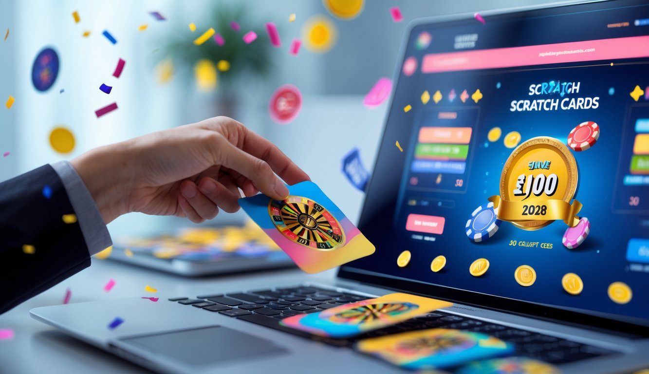 Seorang pengguna sedang mengoperasikan laptop dan perangkat layar sentuh dengan tampilan permainan kartu gosok kasino online di meja kerja yang rapi.