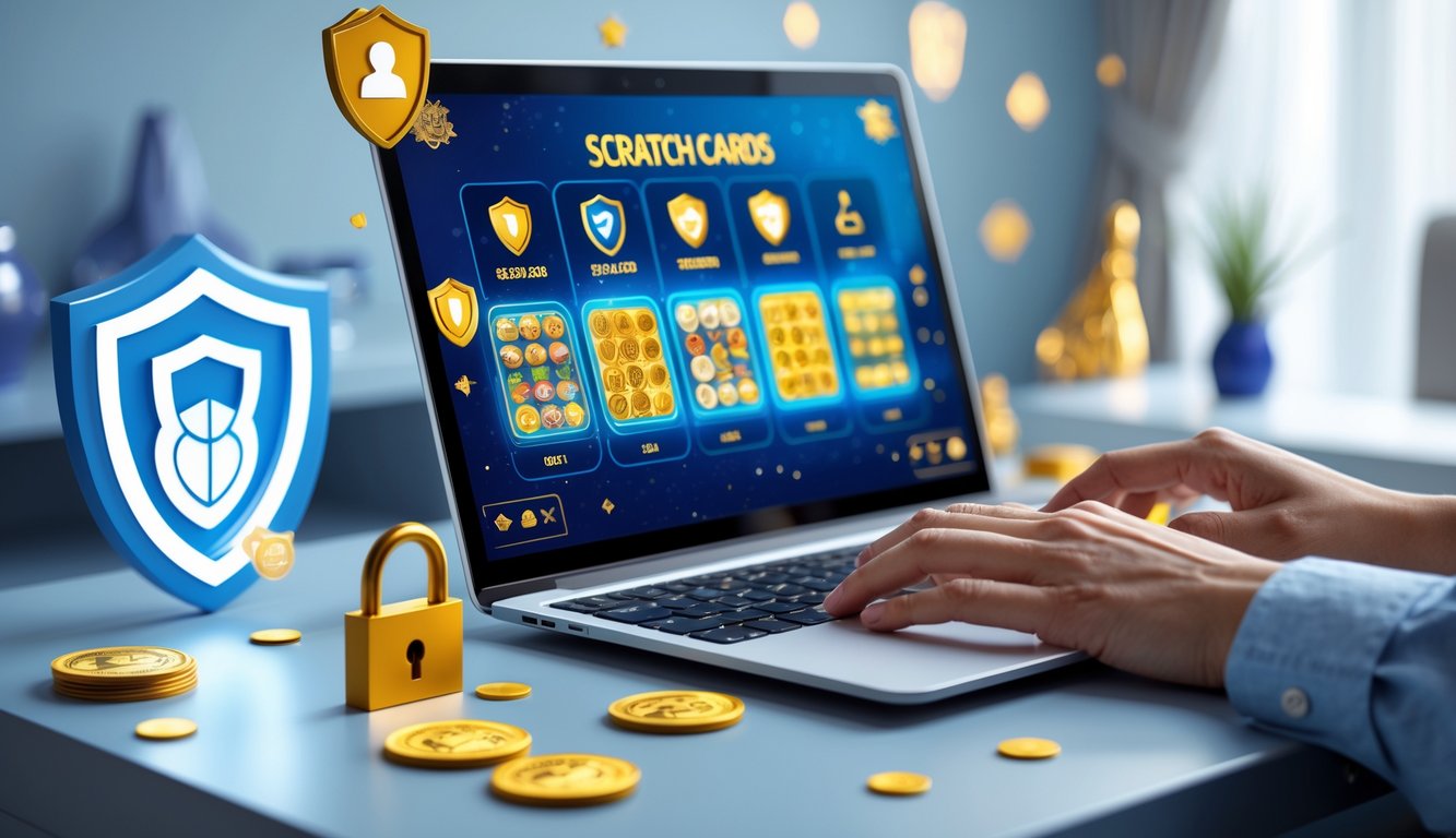 Seorang pengguna sedang berinteraksi dengan laptop yang menampilkan permainan kartu gores kasino online, dengan latar belakang yang menunjukkan elemen keamanan dan suasana profesional.