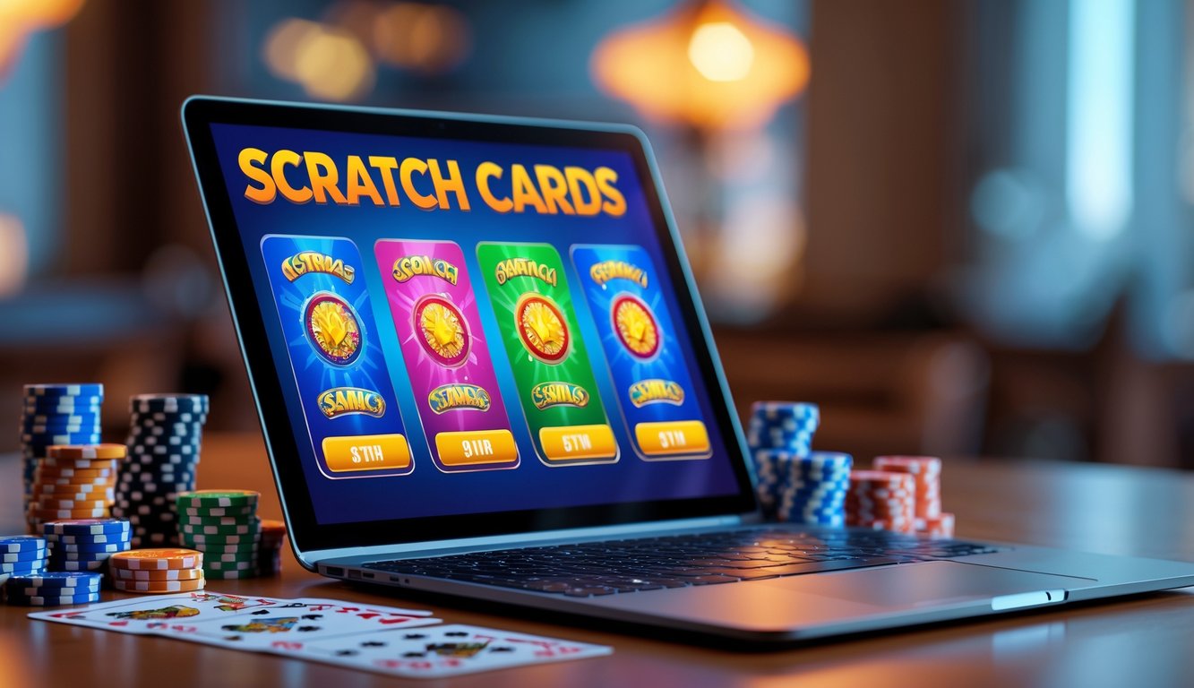 Sebuah laptop menampilkan kartu gosok digital dengan chip poker dan dadu di atas meja kayu, menggambarkan suasana judi kasino online yang aman dan resmi.