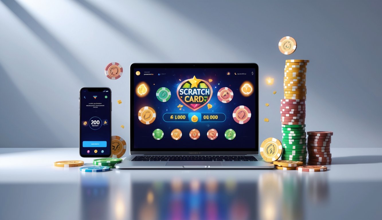 Seorang pengguna sedang bermain kartu gores kasino online di laptop dengan ponsel di samping yang menunjukkan aplikasi pembayaran, dikelilingi oleh chip poker dan token kasino.