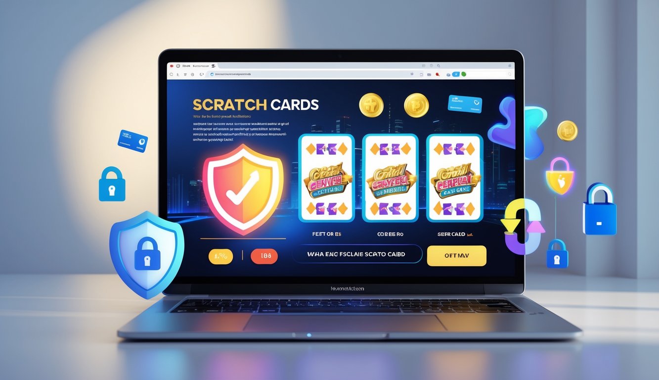 Sebuah laptop menampilkan permainan kartu gosok digital dengan ikon keamanan di sekitarnya, menunjukkan transaksi judi kasino online yang aman dan legal.