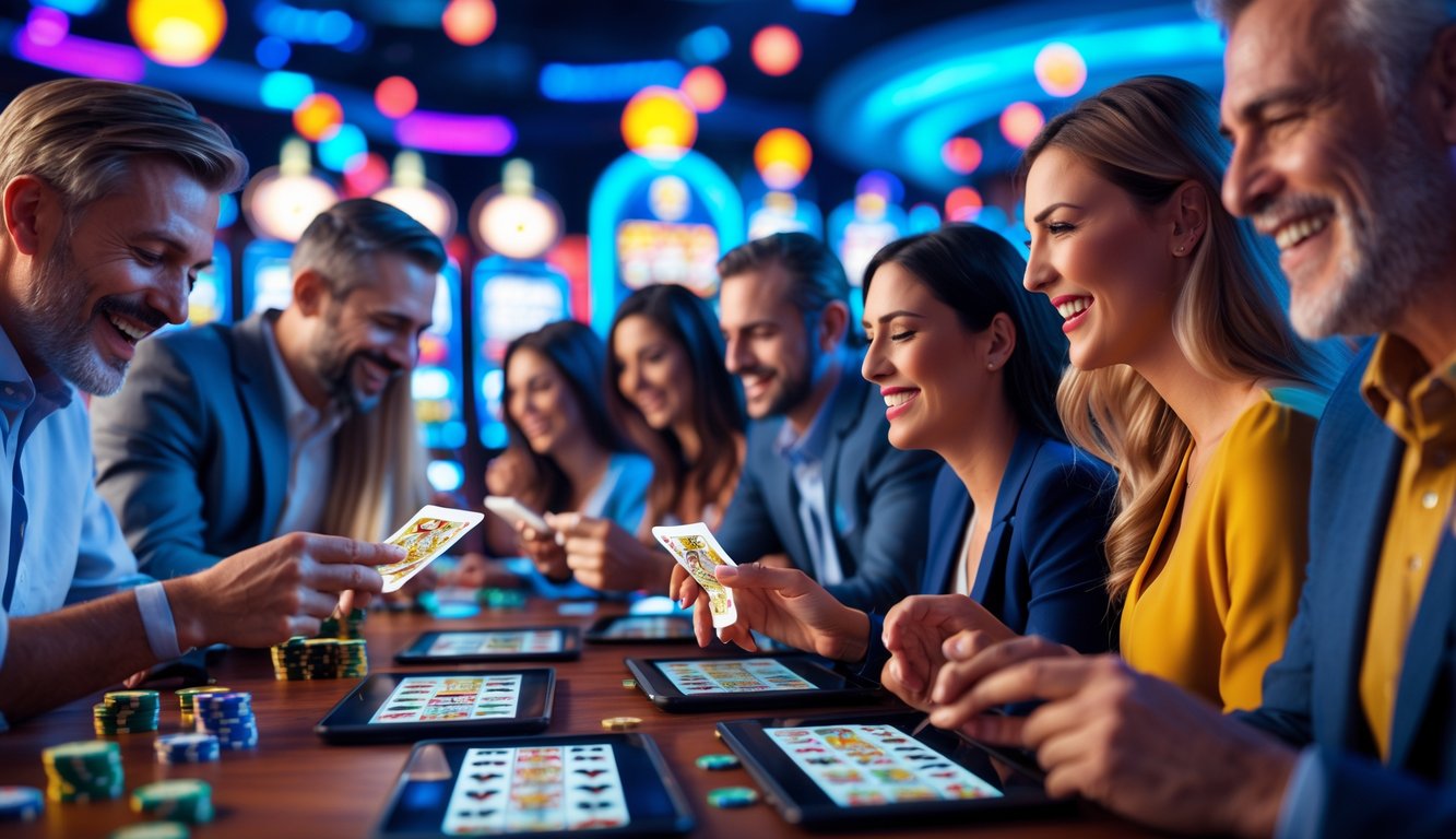 Sekelompok orang bermain kartu gosok secara online menggunakan perangkat digital di lingkungan kasino yang modern dan cerah.