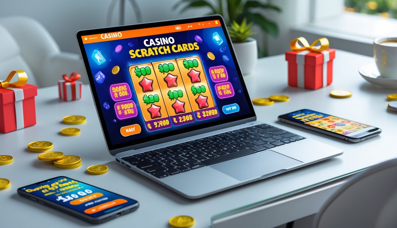 Seorang pengguna duduk di depan laptop dengan permainan kartu gosok kasino online yang berwarna-warni di layar, dikelilingi oleh simbol hadiah dan perangkat teknologi di meja.