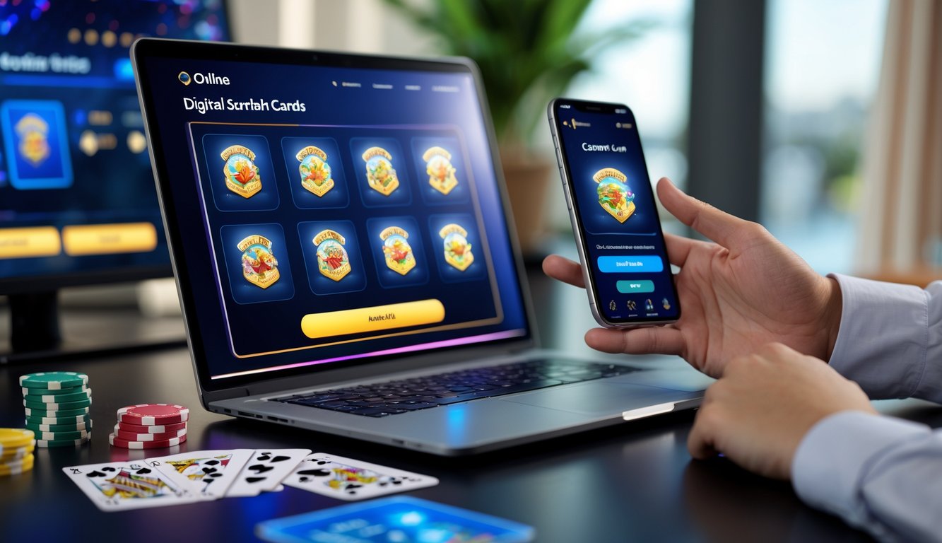 Seseorang menggunakan laptop dan ponsel untuk bermain kartu gosok kasino online di meja kerja yang rapi.