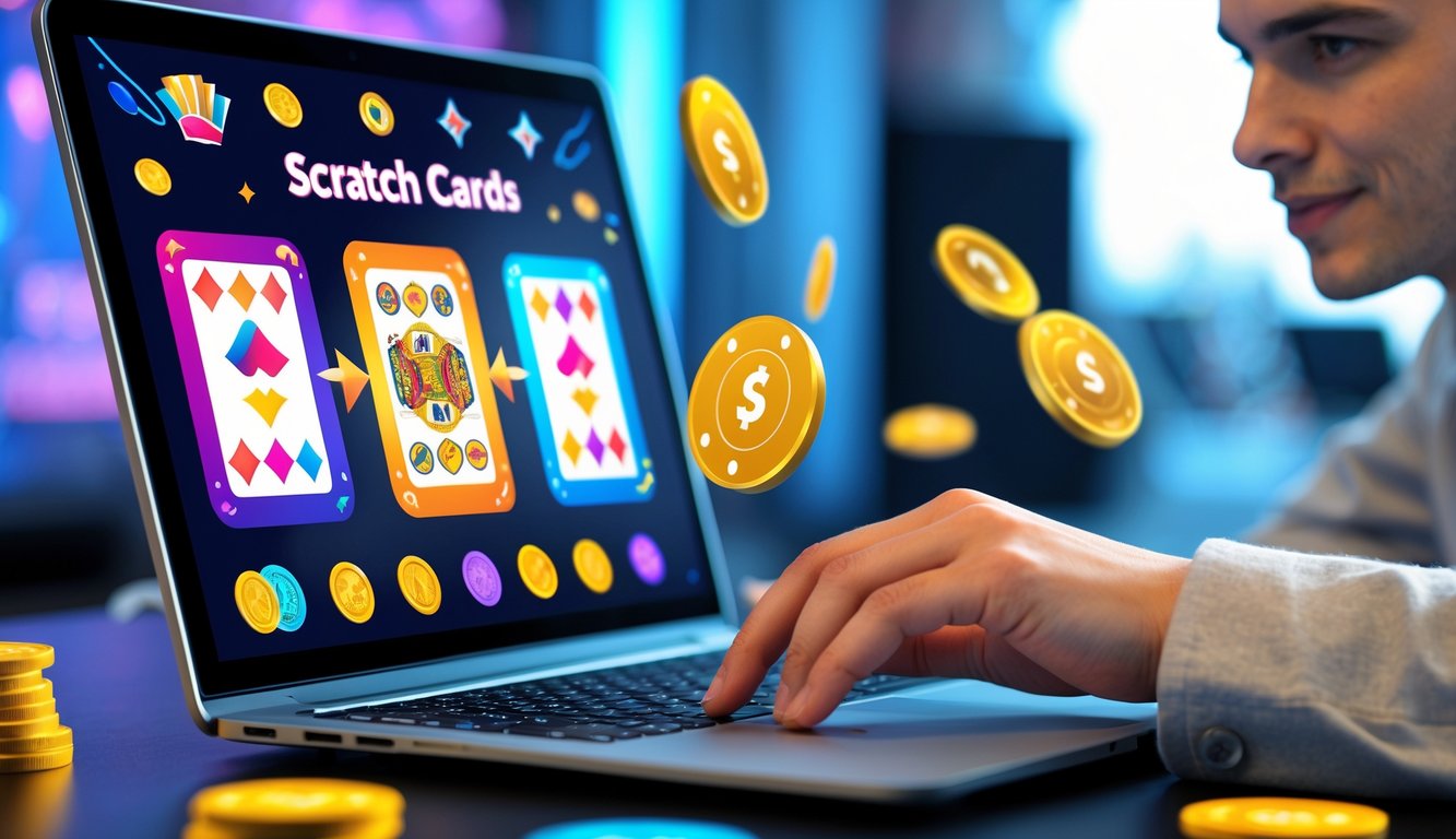 Seorang dewasa muda menggunakan laptop yang menampilkan kartu gosok digital warna-warni di lingkungan kasino online yang modern.