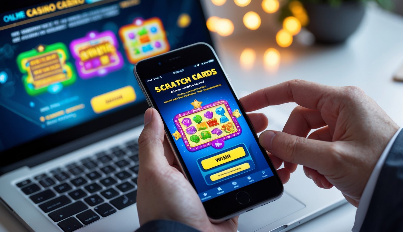 Tangan seseorang memegang ponsel yang menampilkan permainan kartu gosok digital dengan latar belakang meja kerja modern dan laptop yang menunjukkan situs kasino online yang aman.