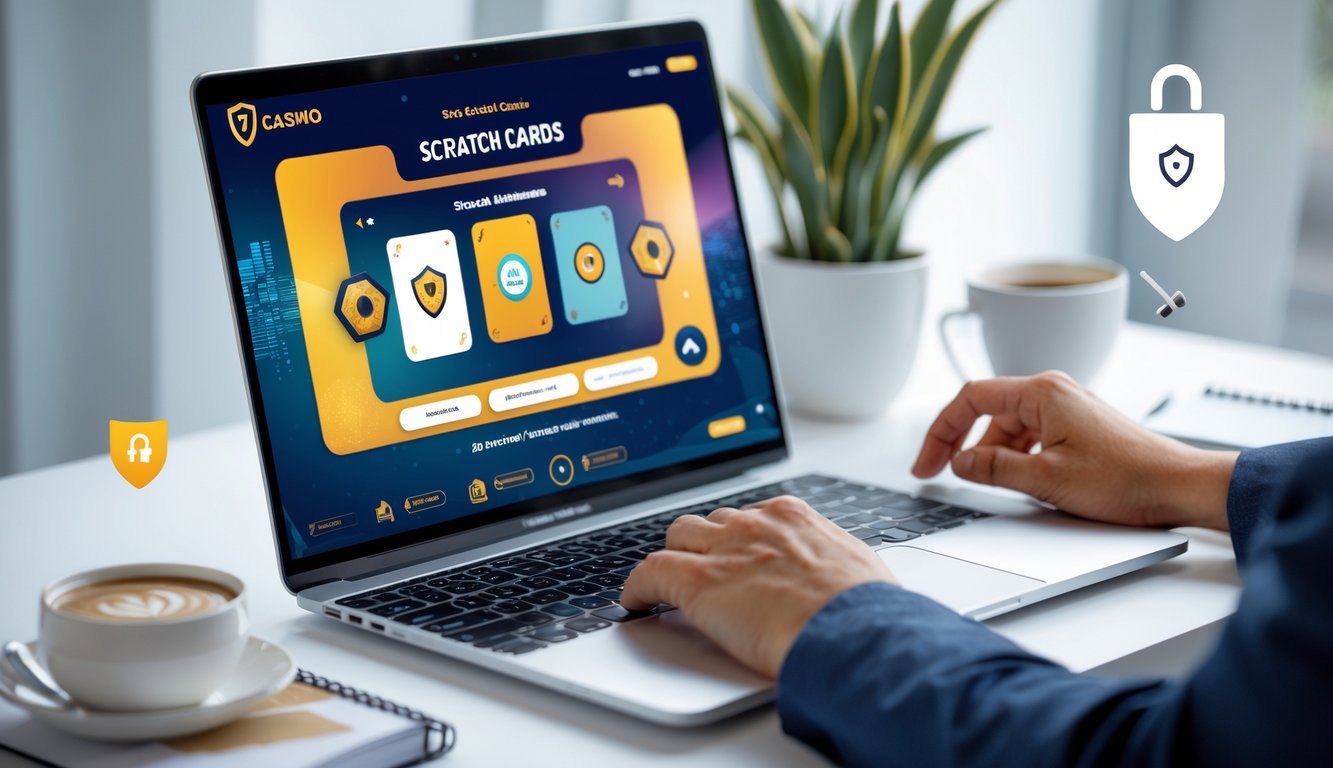 Seseorang menggunakan komputer dengan tampilan permainan kartu gosok kasino online yang aman dan terpercaya di meja kerja minimalis.