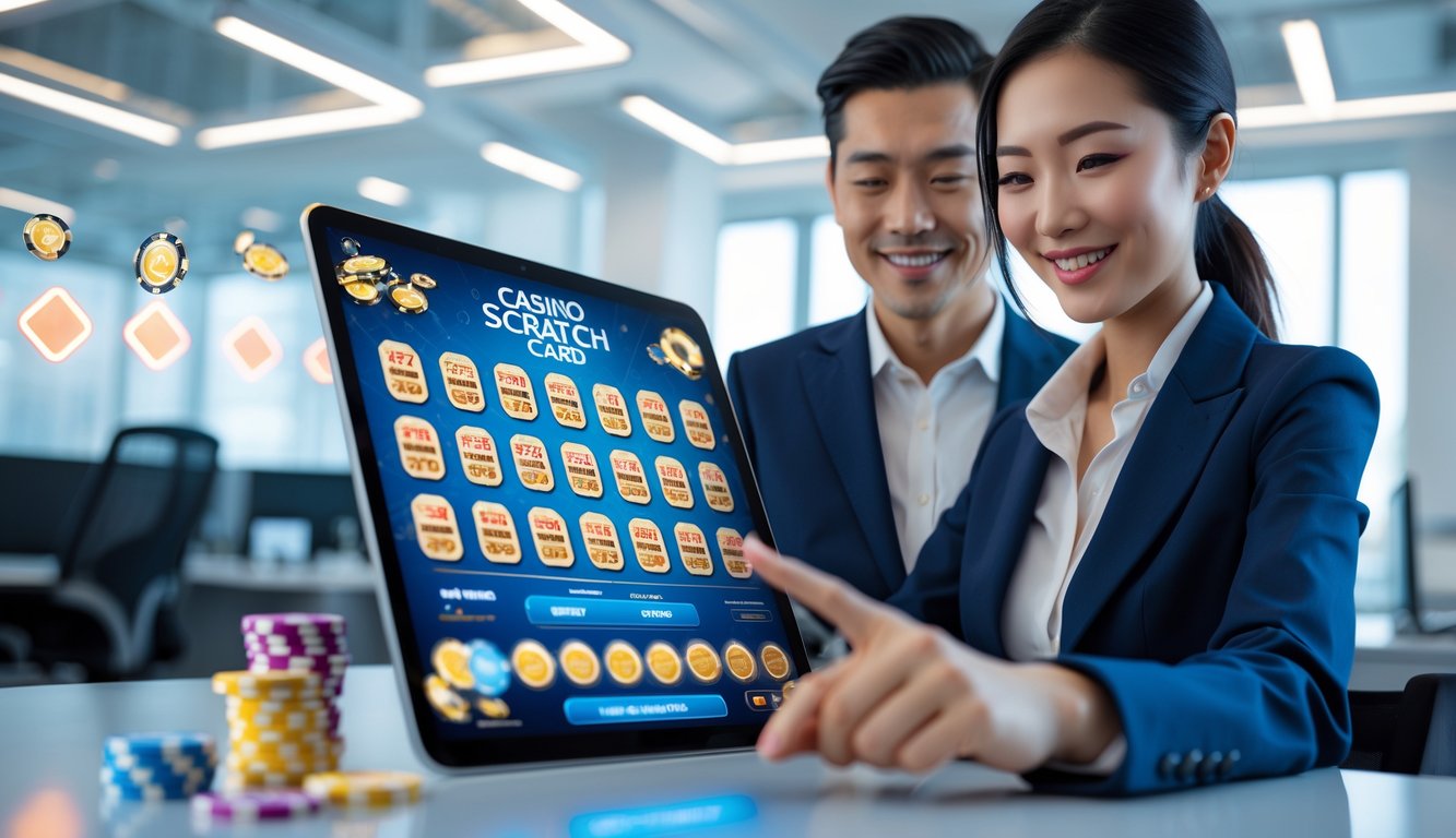 Seorang pria dan wanita yang percaya diri sedang menggunakan tablet digital dengan tampilan permainan kartu gosok kasino di kantor modern.