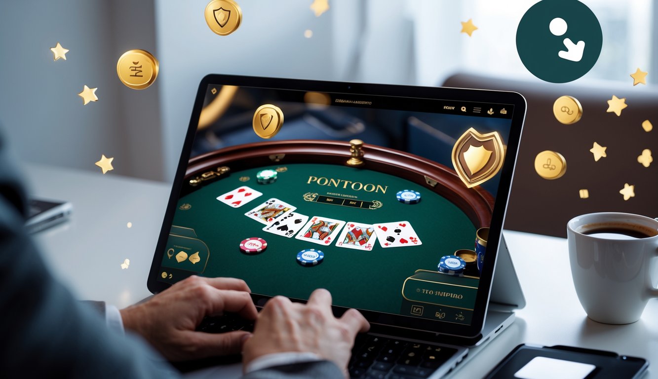 Seseorang bermain permainan kartu Pontoon secara online di laptop dengan suasana meja kerja yang rapi dan pencahayaan hangat.