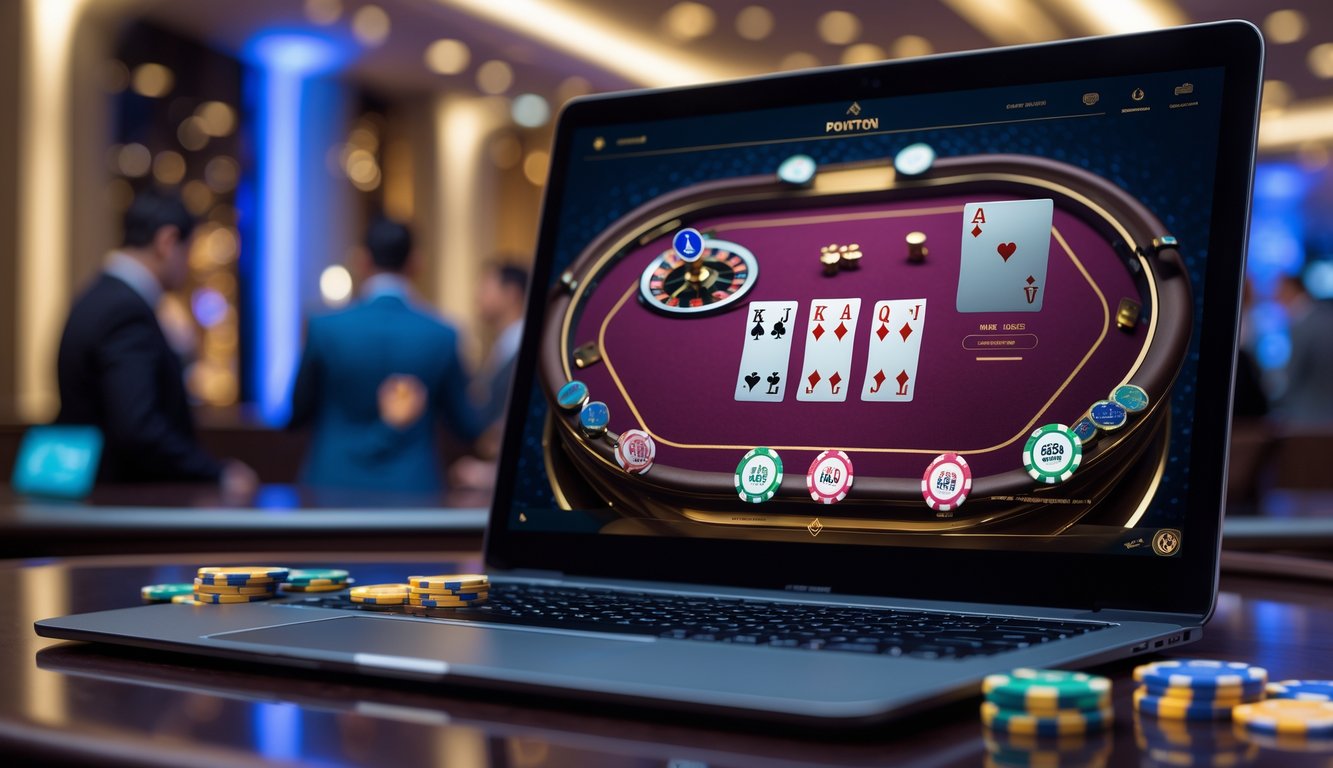 Suasana kasino modern dengan meja permainan Pontoon online di layar digital dan tumpukan chip di atas meja, menampilkan lingkungan permainan yang profesional dan terpercaya.