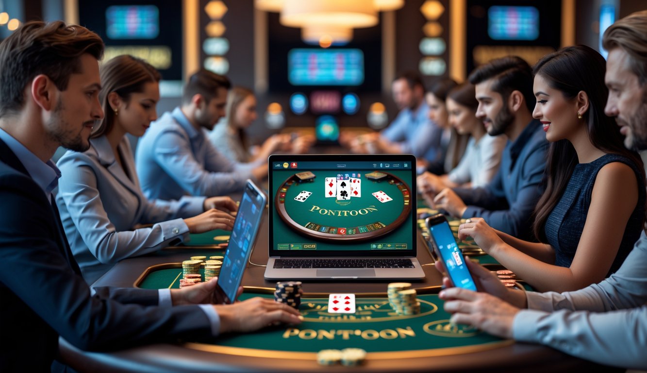 Orang-orang bermain permainan kartu Pontoon secara online menggunakan laptop dan ponsel dalam suasana kasino digital yang modern.