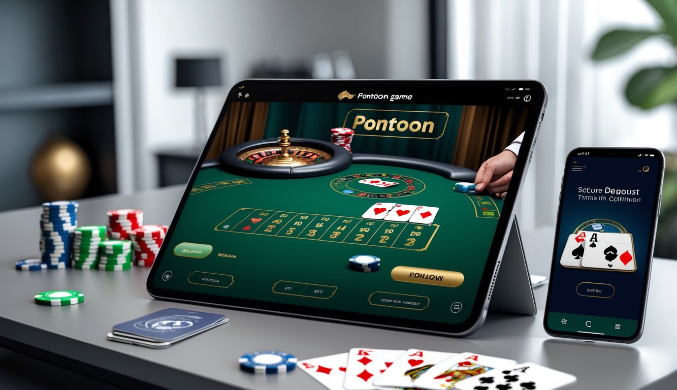 Suasana permainan pontoon online dengan perangkat digital di meja kerja yang rapi dan profesional.