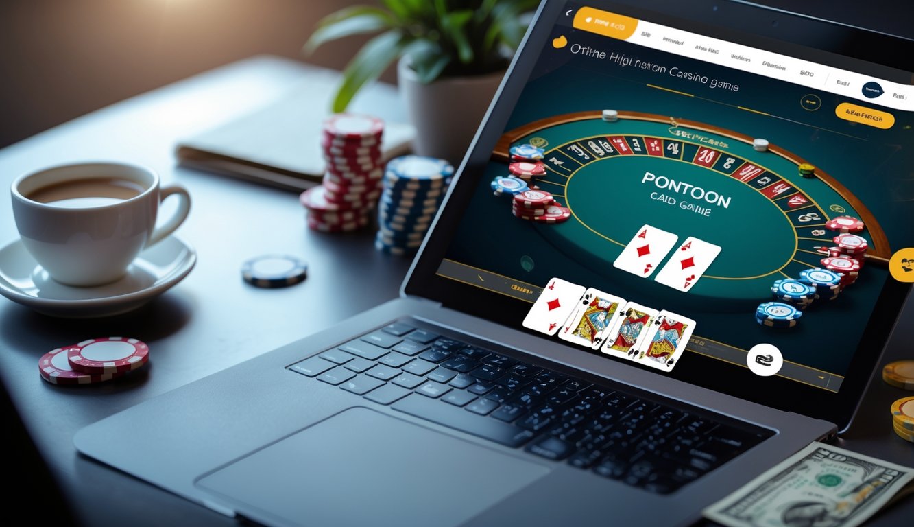 Sebuah perangkat digital menampilkan permainan kartu Pontoon online dengan tumpukan chip poker di meja dan suasana kerja yang rapi.
